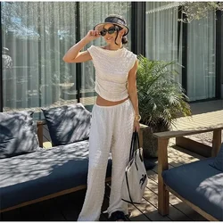 Elegant Knit Vest Top Suit Women Sleeveless Casual Asymmetric O-neck Top 2024 Summer Lady Elastic Waist Wide Leg Trouser Set