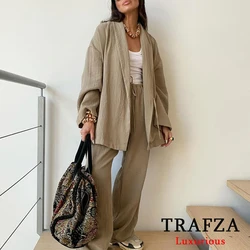 TRAFZA Vintage Linen Oversized Sashes Kimono Shirts+High Waist Wide Leg Pants Fashion 2024 Summer Casual Khaki Loose Female Suit