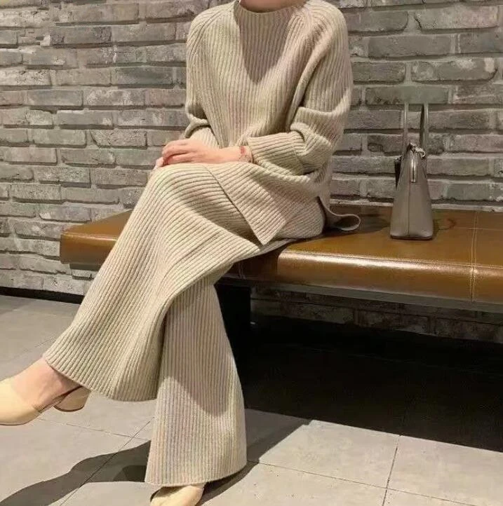 New Autumn/Winter Fashion Long Sleeved Round Neck Knitted Solid Color Slim Fit Shirt + Wide Leg Pants Set For Women,6 Colors