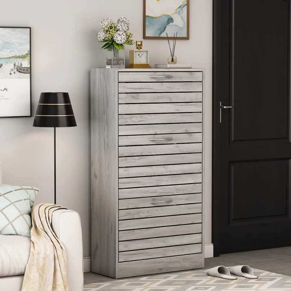 

Shoe Cabinet, Grey Narrow Shoe Storage Cabinet with 3 Flip Doors & Adjustable Shelf for Entryway Hallway (22.4”W x 9.4”D x 42.3”