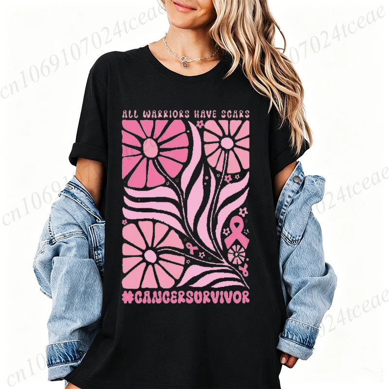 T Shirt for Women Boho Floral Breast Cancer Graphic T-shirt Top Pink Abstract Flowers Coquette Bow Women's Clothing Top Tee