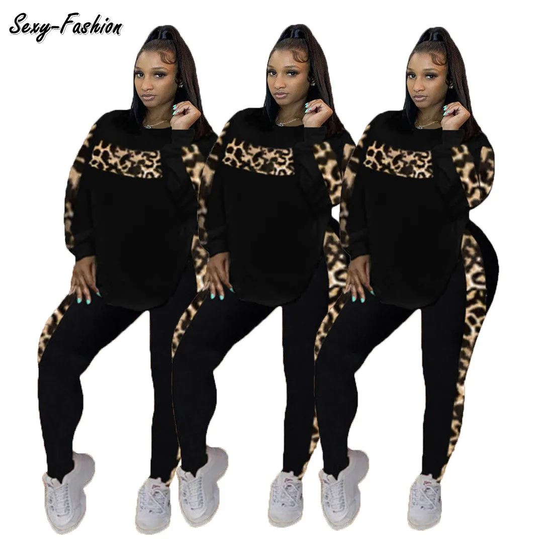 L-4XL Fall Leopard Pants Sets Women Clothing Plus Size Two Piece Outfits Long Sleeve Top Sweatpants Matching Suits Dropshipping