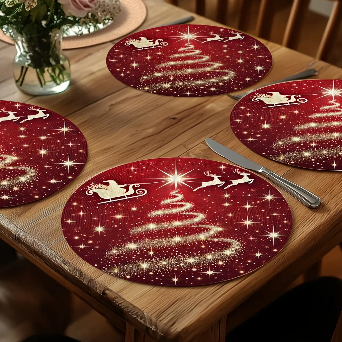 2/4/6pcs Christmas Tree Print Round Placemats - Festive Red & Golden Color Scheme Holiday Table Decor, Suitable for Christmas