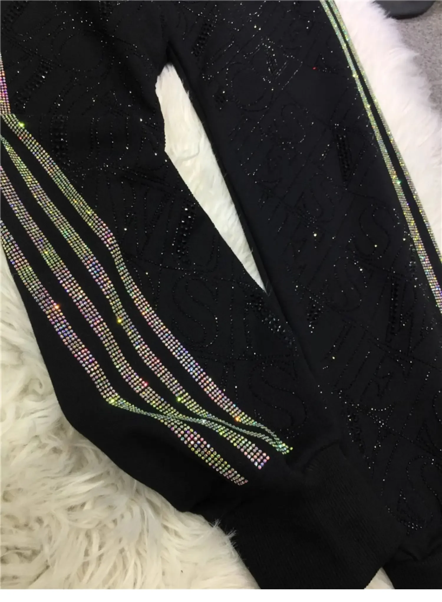 European Goods Heavy Industry Hot Diamond Sweatpants Women Black Sweatpants Elastic Waist Striped Harlan Pants Autumn and Winter