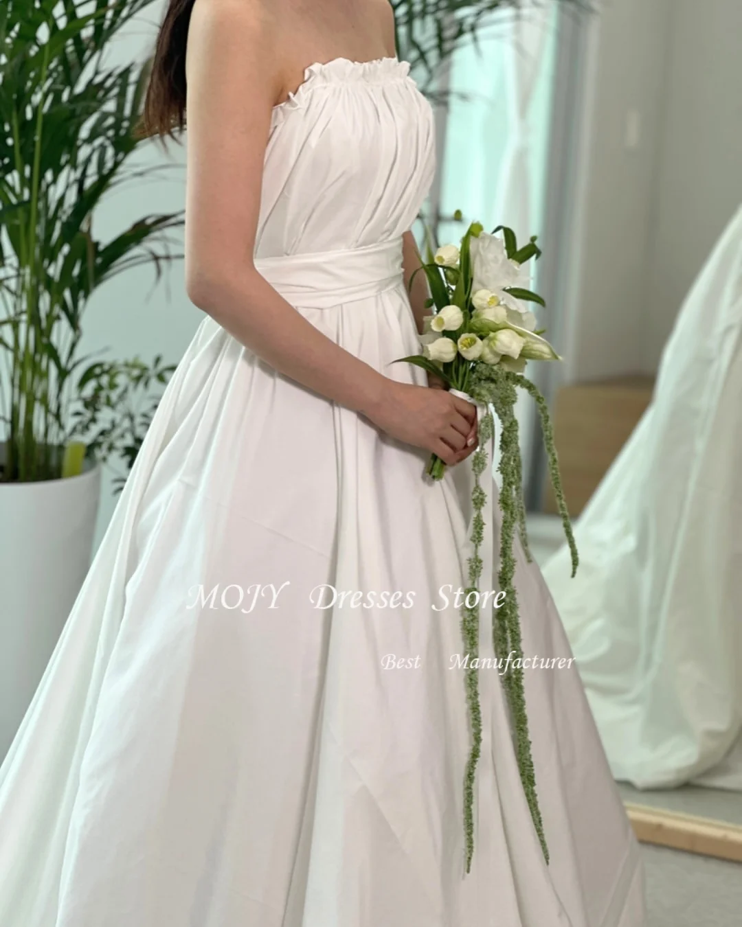 모지 심플 A라인 태피터 웨딩드레스 한국 촬영용 스트랩리스 플리츠 신부 드레스 코르셋 백 플로어 길이 맞춤 제작