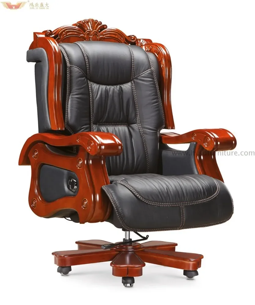 Luxury Black Genuine Leather Office Executive Boss Chairs With Teak Wood Armrest(HY-A010)