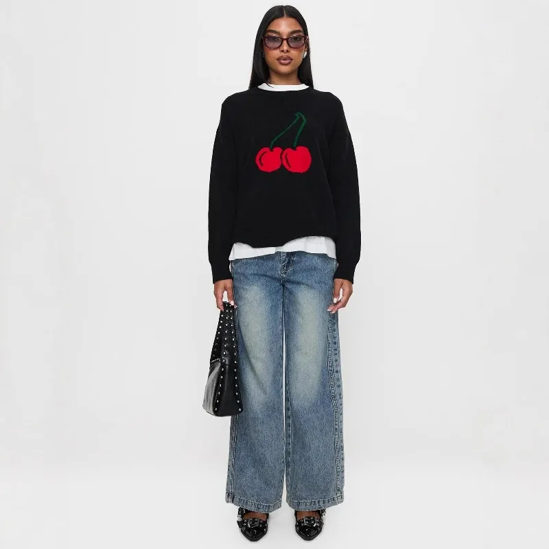 

2025 New Women's Cherry Print Knit Sweater Round Neck Oversized Long Sleeve Soft Lazy Style for Autumn Winter Casual Daily Wear
