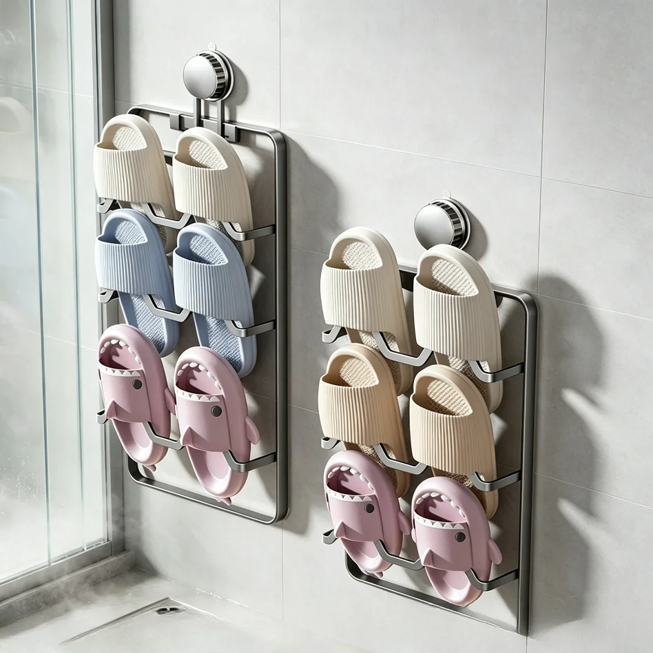 Punch‑Free Suction Cup Slipper Rack Carbon Steel 2‑4 Tier Wall Mount Bathroom Behind Door Shoe Storage Organizer