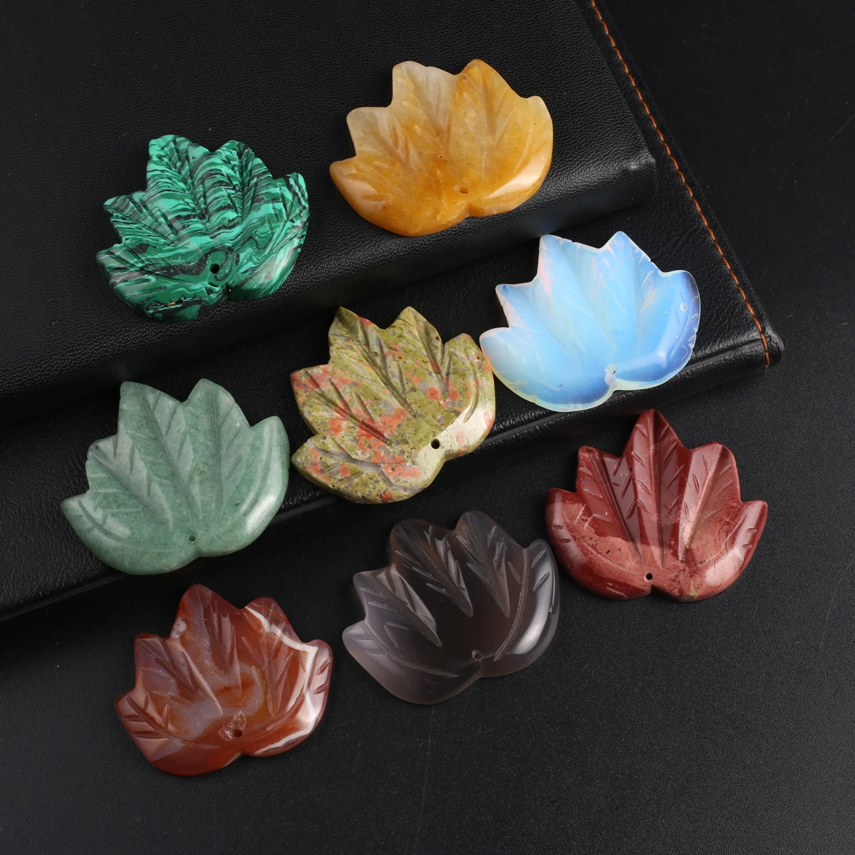 5PCS Carved Natural Stone Green Aventurine Jade Opal Maple Leaf Shaped Pendant Jewelry Making DIY Necklace Accessories Gift