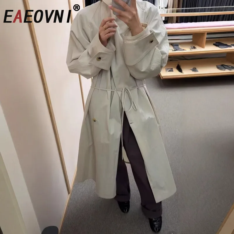 

EAEOVNI Office Lady Women Long Trench Coat Solid Color Lace-up Gathered Waist Temperament Windbreaker 2025 Autumn New Clothing