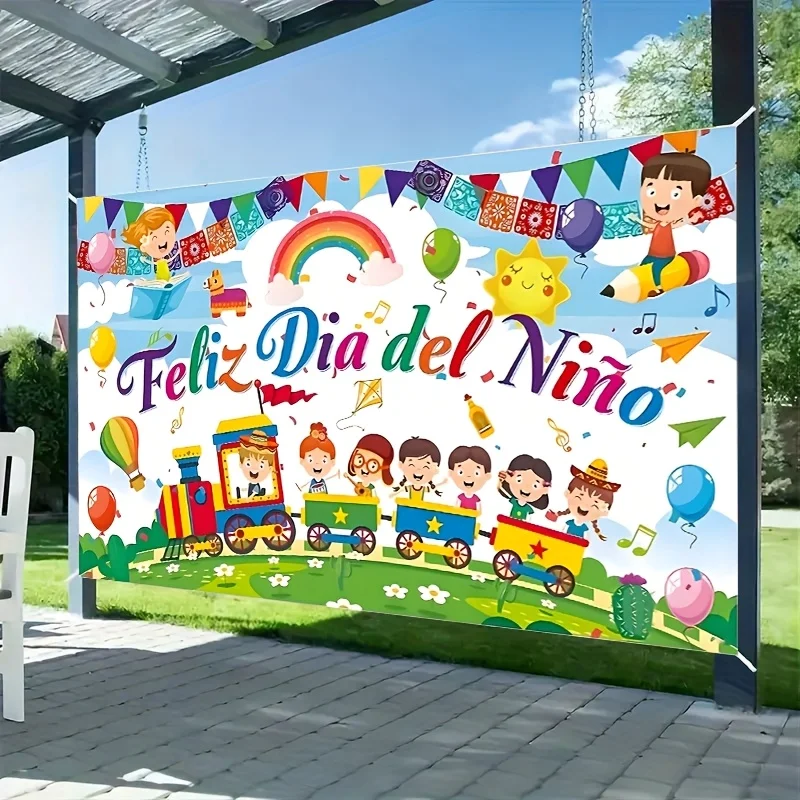 Feliz Dia del Nino Childrens Day Tapestry Cartoon Train Rainbow Banners Kids Party Outdoor Banner Spanish Language Fun Decor