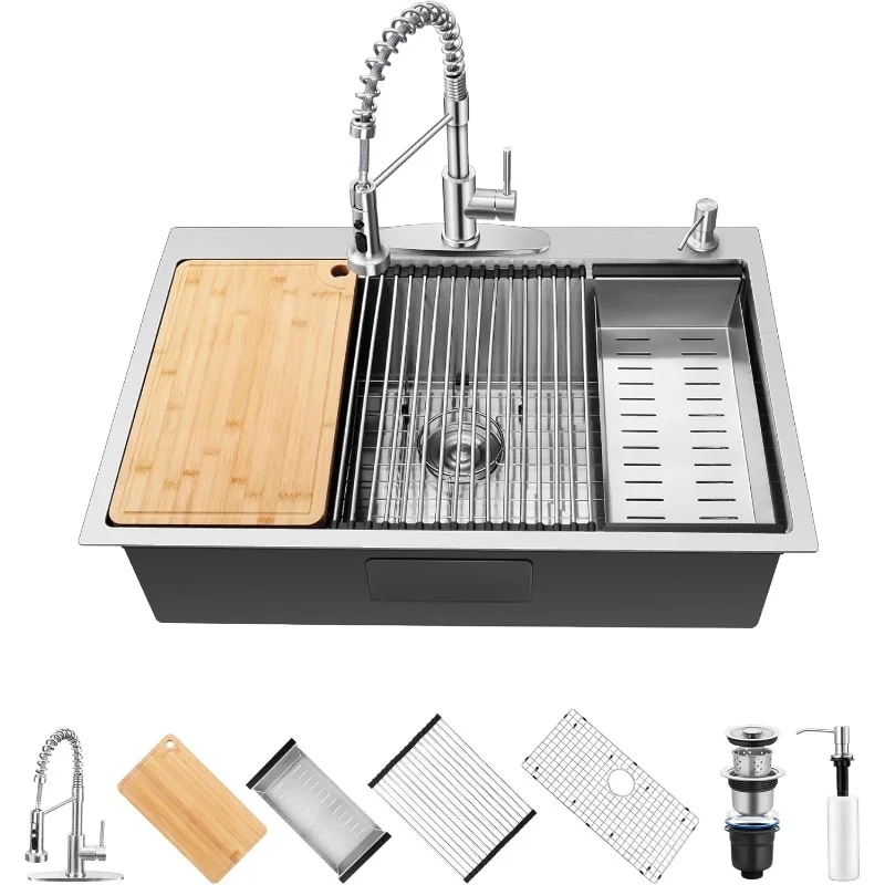 Homikit 33 x 22 Drop In Kitchen Sink with Faucet,16 Gauge StainlessSteel Farmhouse Kitchen Sinks,Brushed Nickel Workstation Sink