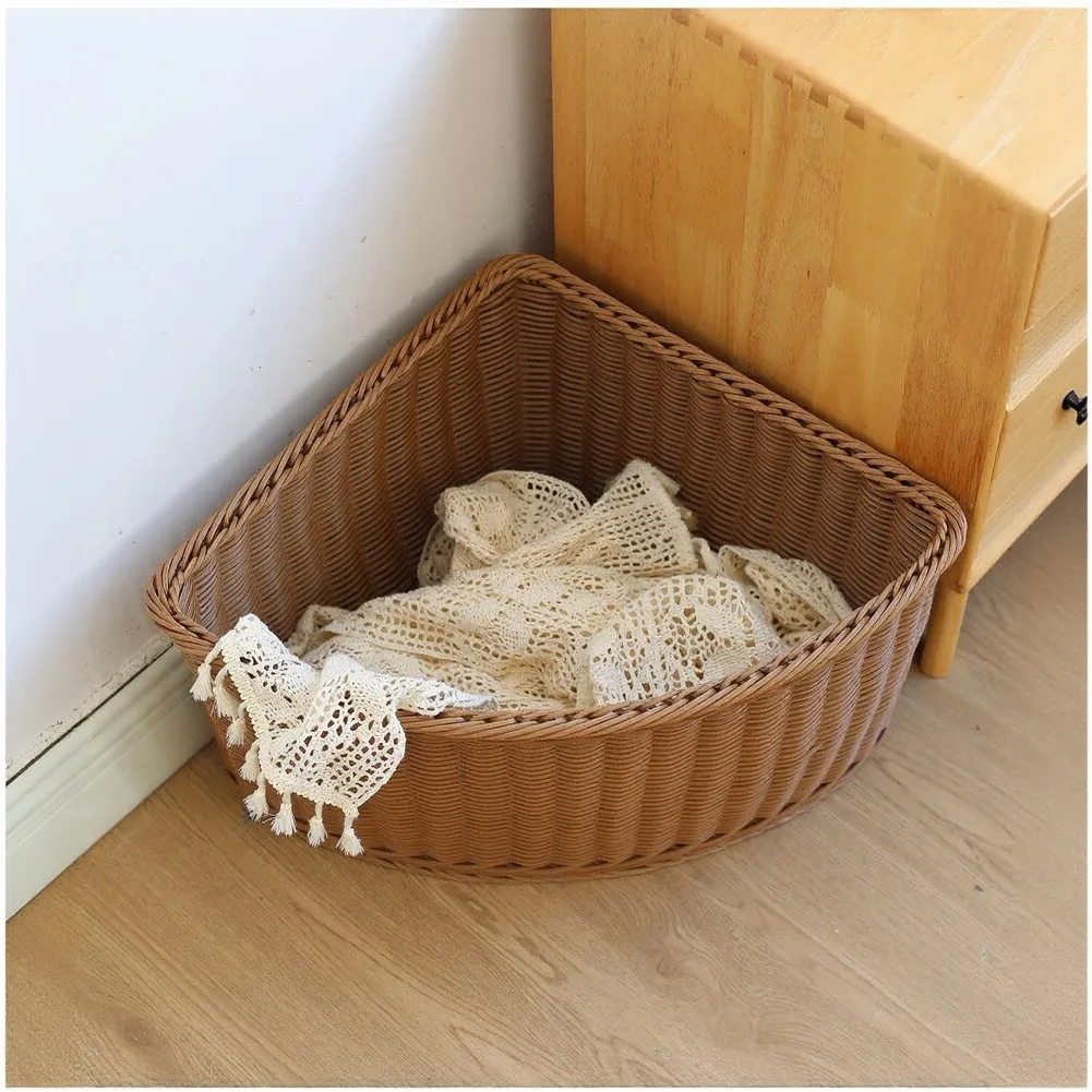 Rustic-Look Corner Storage Basket Designed for Triangular Placement to Support Orderly Arrangement in Compact Interiors