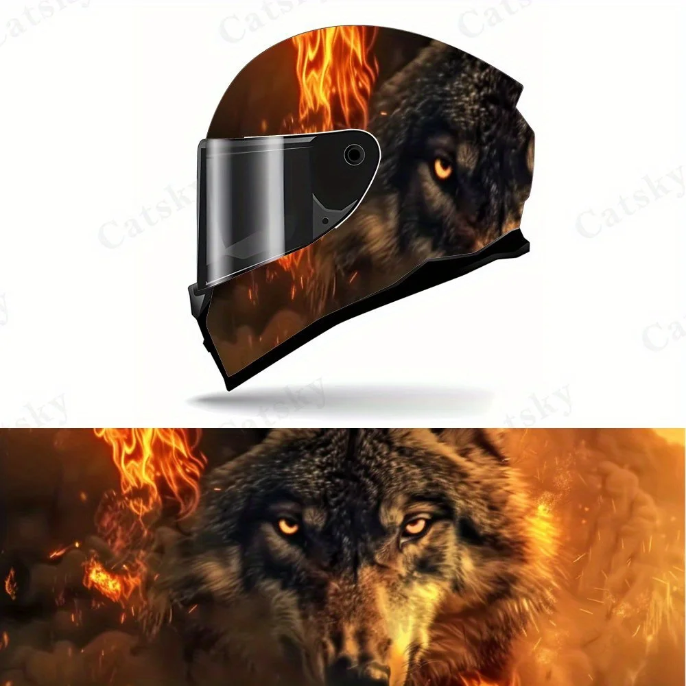 

Наклейка на шлем Flame Wolf King - высококачественный ПВХ, шокирующий узор головы пламени волка, эстетическое трансформация мотоциклетного шлема