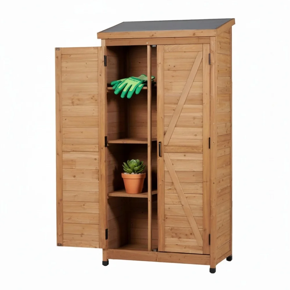 

Уличный деревянный сарай для хранения с металлической крышей, высокий вертикальный шкаф для инструментов для заднего двора, сада, патио, газона