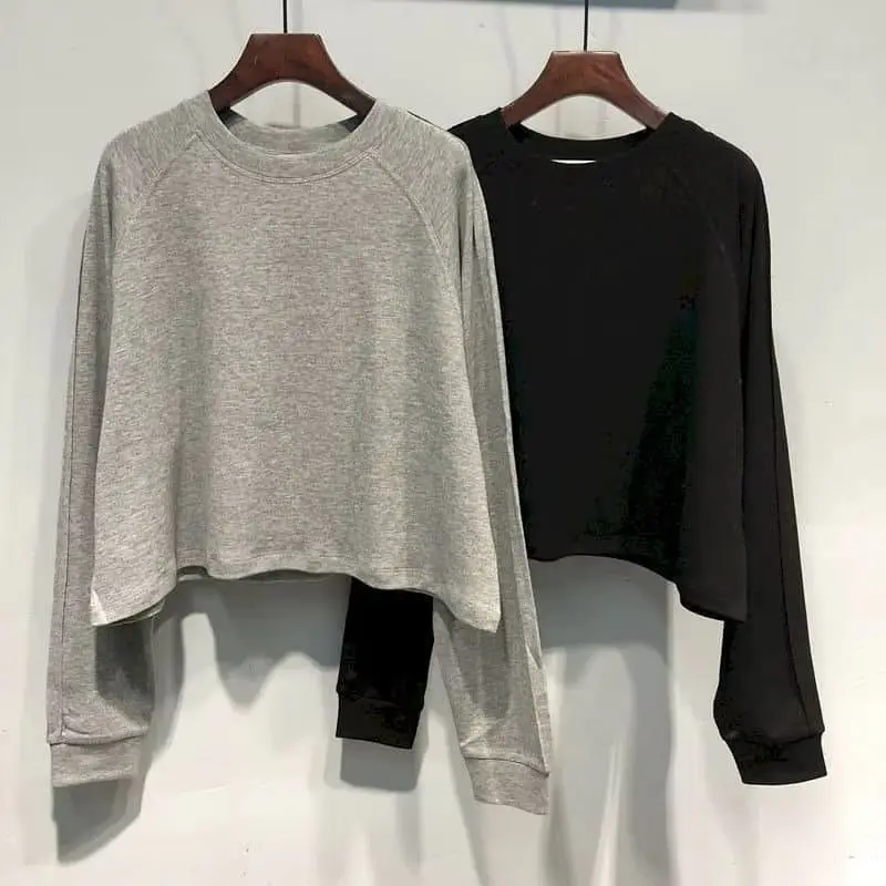 Cropped T-shirts for Women 2026 Autumn Solid Oversized Casual Korean Style Long Sleeve Tees O-neck Retro Aesthetic Clothes Trend