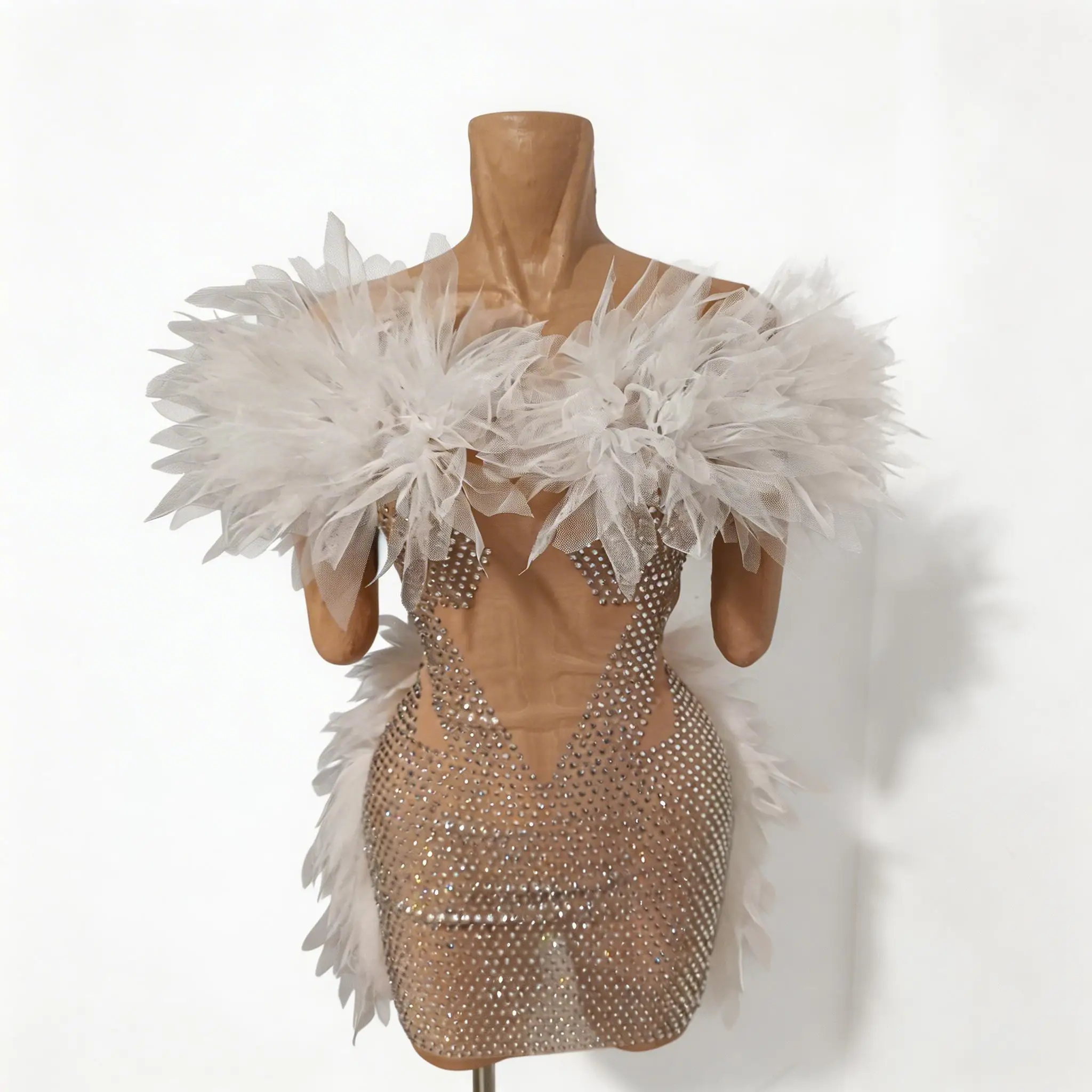 

Sweet tulle puffy dress, transparent tulle rhinestone sexy stage performance costume, birthday party costume club