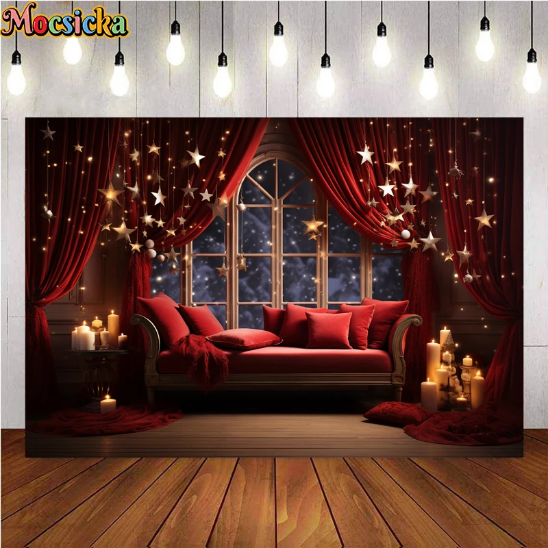 Mocsicka Winter Christmas Photography Background Red Couch Stars Holiday Party Family Portrait Photo Backdrops Studio