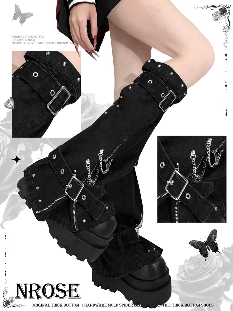 Dark goth punk black chain leg cover hottie European and American subculture y2k sweet pants tooling stacking socks for women