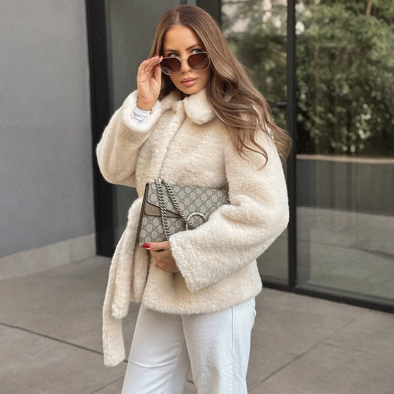 Damesmode nepbontjassen met riem Casual revers Lange mouw Overjas Effen enkele rij knopen Vrouwelijke bontjas Jasje