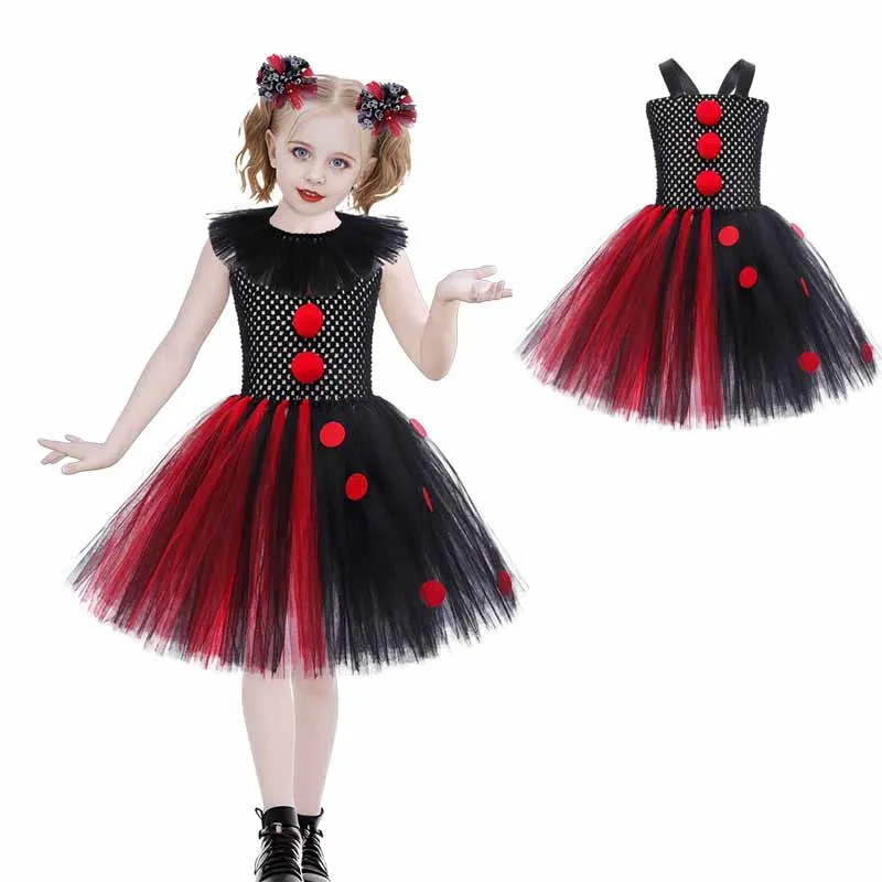 2026 Halloween Girls' Role Play Dresses Children's Red Hairball Clown Dresses Kids Pleated Polka Dot Pom Pom Dresses 3-12 Years