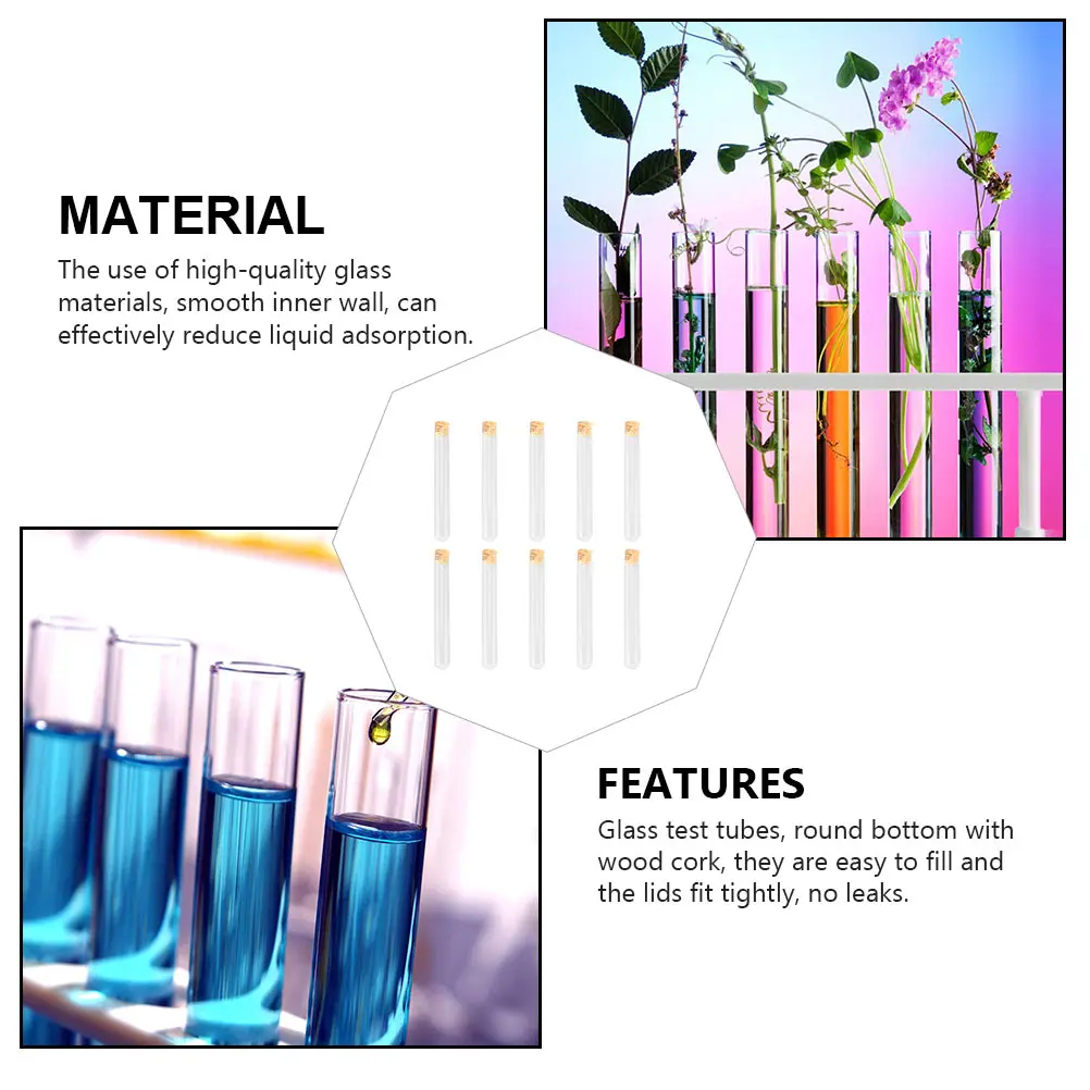 

10pcs Round Bottom Glass Test Tubes Transparent Smooth Wall Laboratory Science Accessories Cork Lids Sample Storage Containers