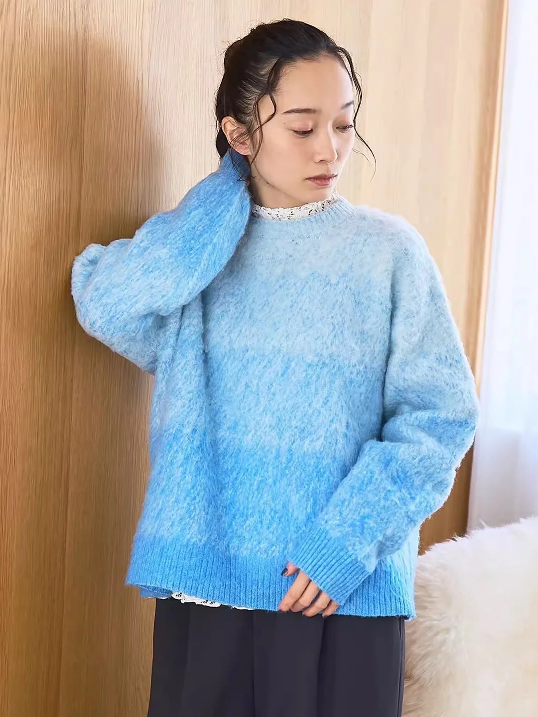 Suéter de Punto para Mujer, Estilo Dulce, Color Deadado, Cuello Redondo, Manga Larga, Estampado de Zorro, Corte Hoado, In...