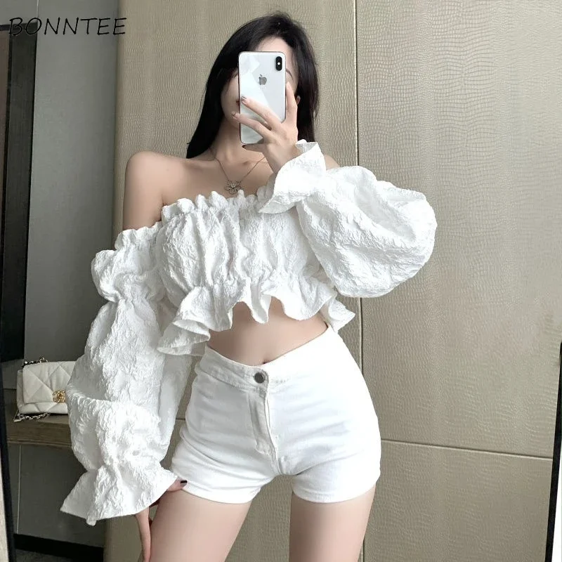 Blouse Women Sexy Trendy Slash Collar Autumn Folds Jacquard Stylish Long Sleeve Female Feminine Party Street Korean Style Crop