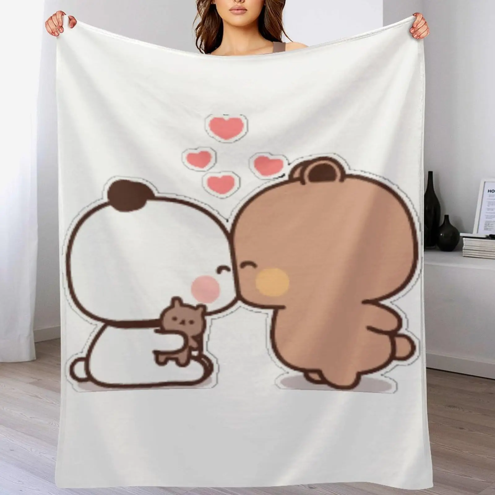 Peach Cat Blanket Cute Bear Kissing Throw Couch Cover Red Heart Slogan Fleece Blankets Romantic Playroom Bedding Sofa Decor