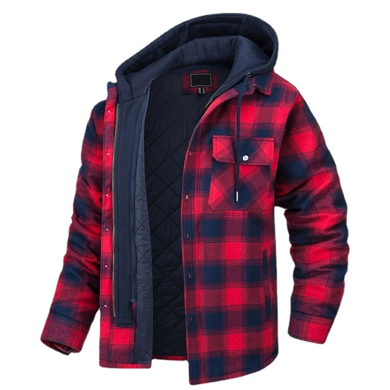 Men\'s Winter Flannel Cotton Shirt Warm Jacket With Hood Long Sleeve Quilted Lined Plaid Button Down Thick Hoodie Outwear Coats