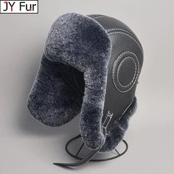 2024 Winter Men's 100% Real Rex Rabbit Fur Bomber Hat Ushanka Cap Trapper Russian Man Ski Hats Caps Real Sheepskin Leather