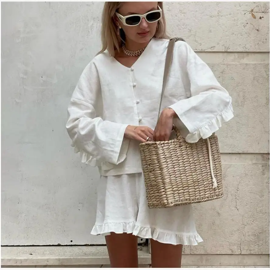 

Casual Long Sve irt orts Set V Ne Wood ain High Waist Faionable Cotton Blend Summer Outfit for Young Women