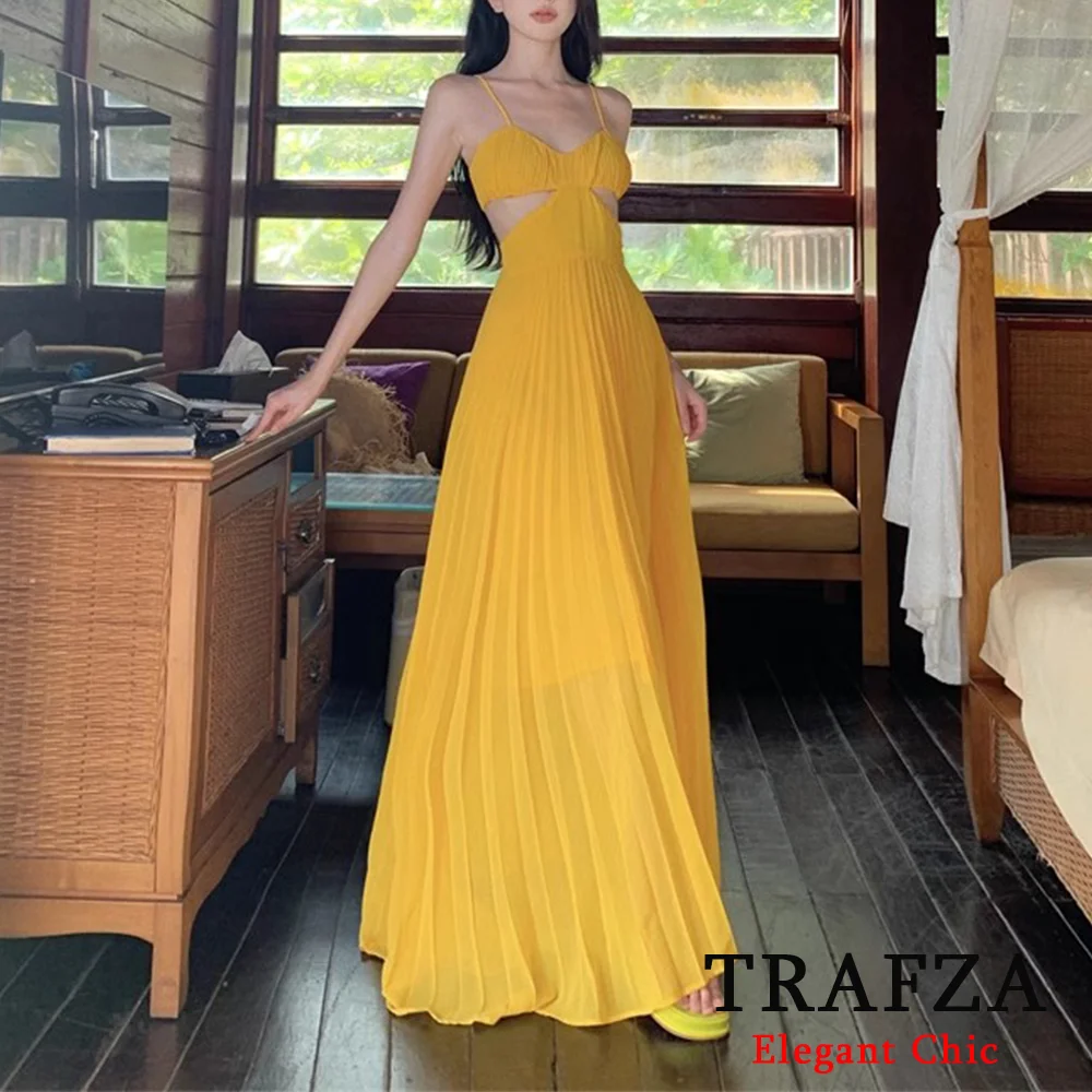 

TRAFZA-Women French Sexy Cami Dress Dopamine Yellow Pleated Flowy Long Dress New 2025 Summer Fashion Vacation Beach Mujer Dress