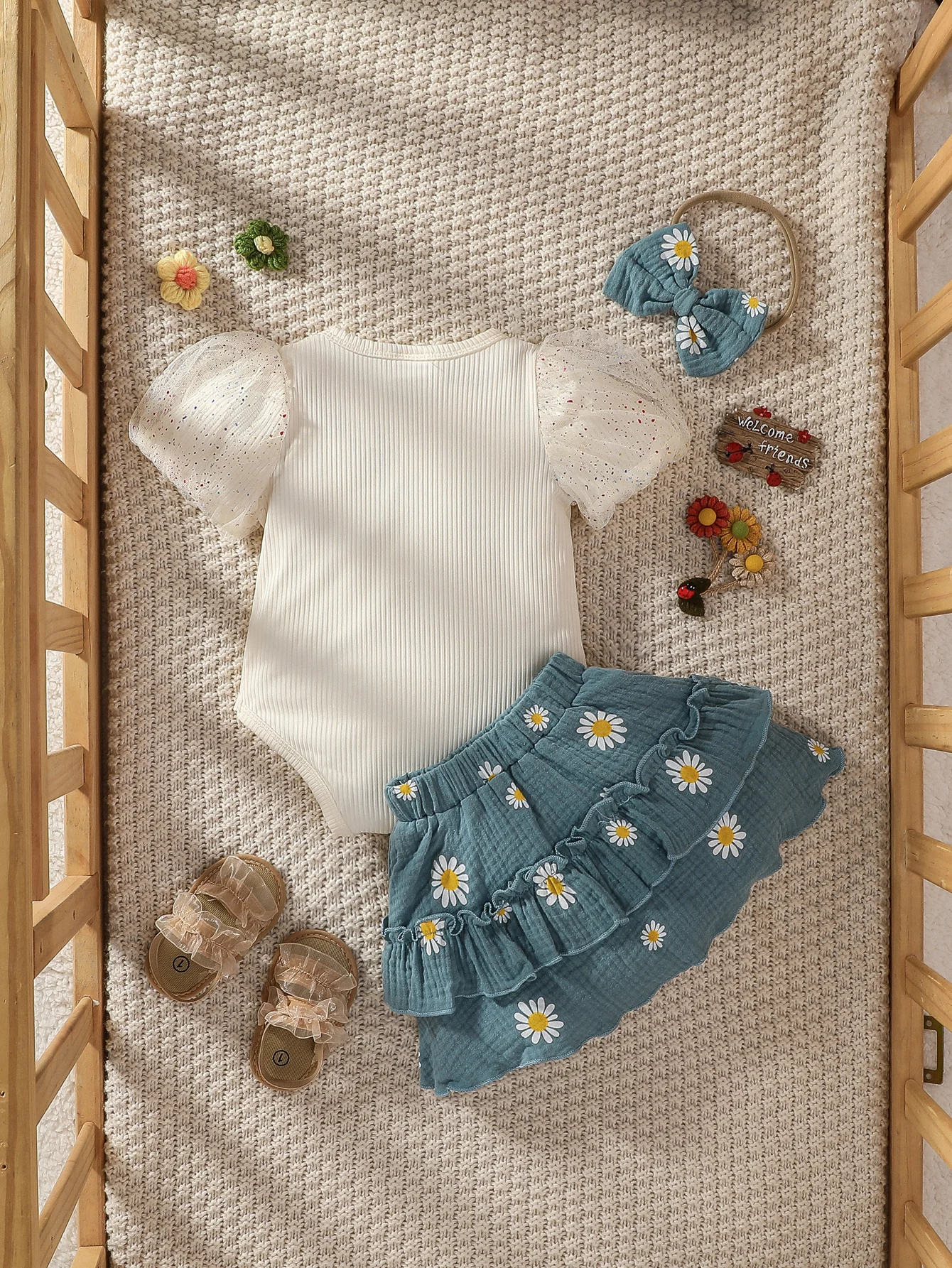 Baby Girls Summer Short Sleeve Bodysuit With Bow& Print Daisy Skirt Set Active+Headband 3pcs