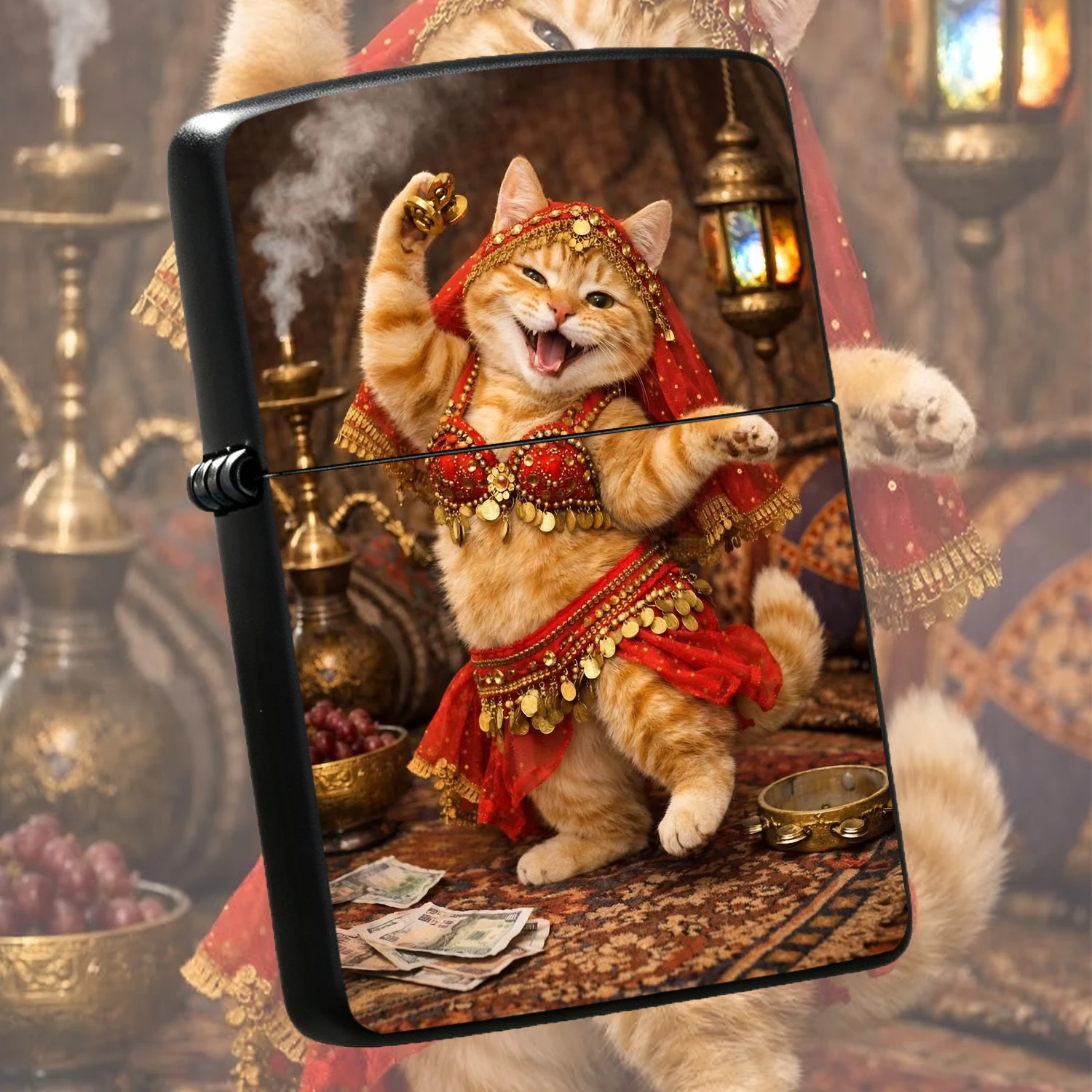 Cute Ginger Cat Belly Dancer Themed Lighter, Exotic Red Gold Print Chubby Tabby Dancing Kitten Design, Portable Delicate Daily Use Ignition Tool, Ideal For Party Gathering Gift Personalized Decor Carrying Accessory Interesting And Humorous