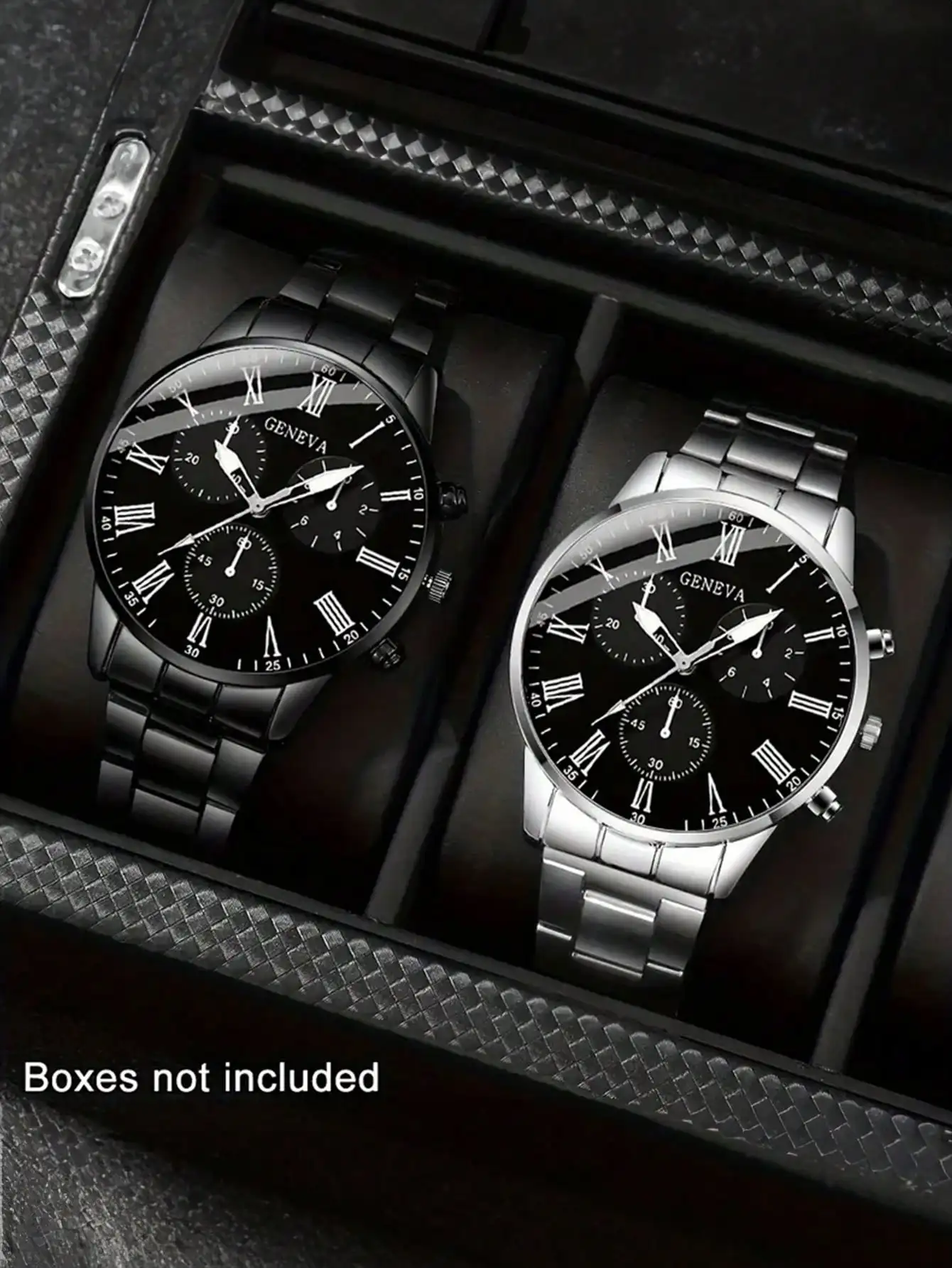 

Набор из 2 мужских кварцевых часов-хронографов с циферблатом с римскими цифрами и браслетом из нержавеющей стали