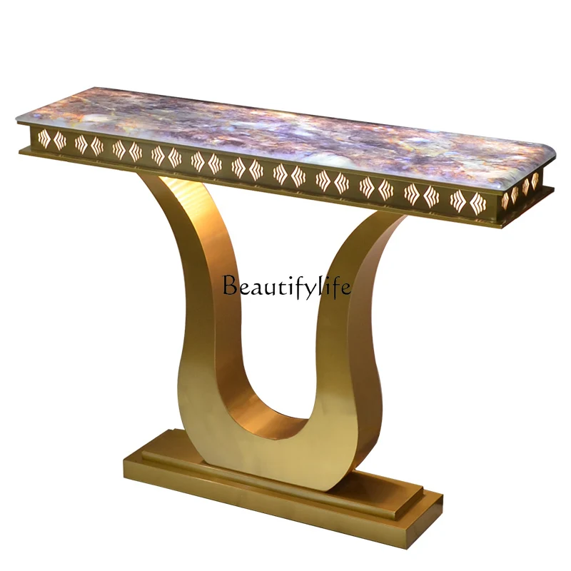 Light Luxury Brushed Stainless Steel Entrance Cabinet No Plug Induction Luminous Decoration Table Marble a Long Narrow Table