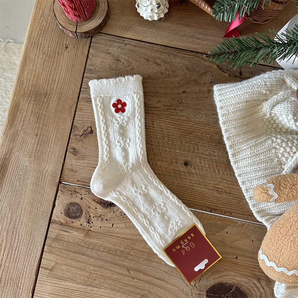 1/5 Paar Damen-Socken mit roter Schleife und mittlerer Röhre, modischer süßer Blumendruck, Urlaubsstil, weich, bequem, ganzjährig, lässige Socken – Detail 4