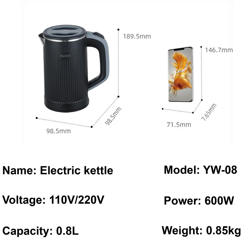 Chaleira elétrica doméstica de aço inoxidável, isolamento térmico de camada dupla, anti-escaldante, aquecedores portáteis, 110V, 220V, 800ml