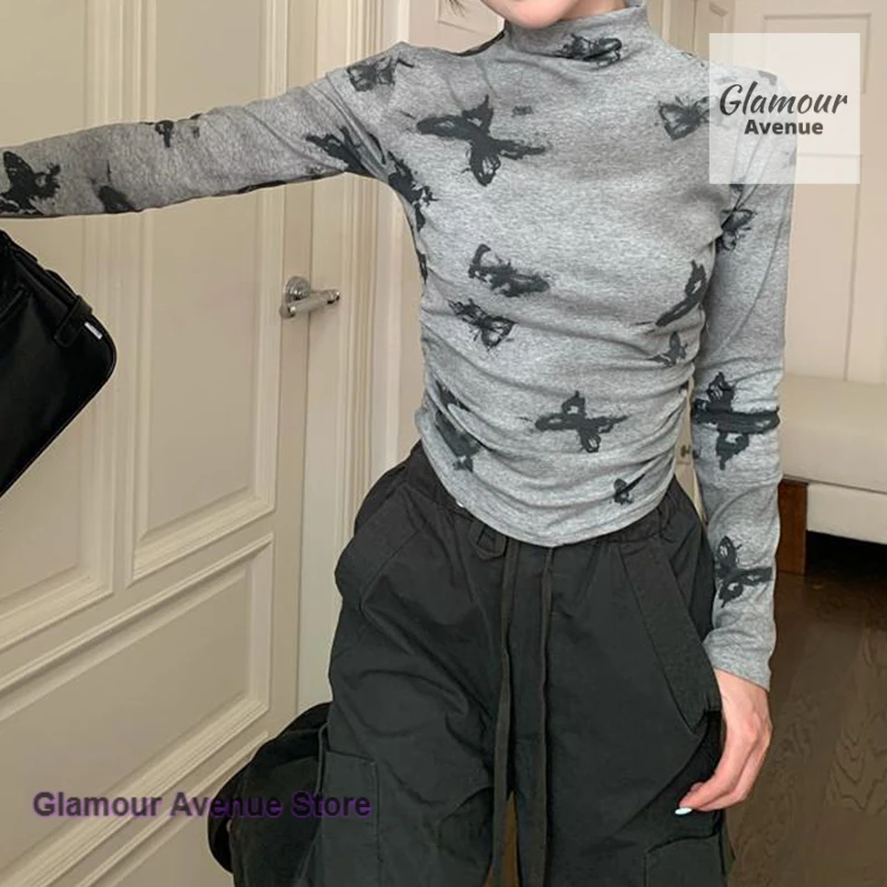 الأمريكية الرجعية التوابل فراشة طباعة شبه عالية الرقبة طويلة الأكمام تي شيرت المرأة الربيع والخريف تصميم مطوي البنطال القصير