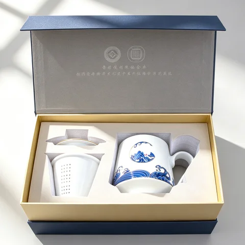 LIANHUA POTTERY Linglong Porcelain Mug with Infuser 500ml Handcrafted Golden Koi and Blue Wave Design Luxury Anniversary Gift