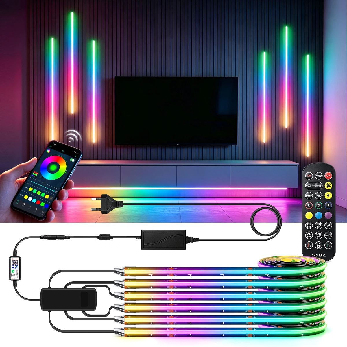 Smart Bluetooth RGB IC COB LED Strip Music Sync Chasing Light for Game Room TV Backlight Cabinet Christmas Party Decor 110-220V
