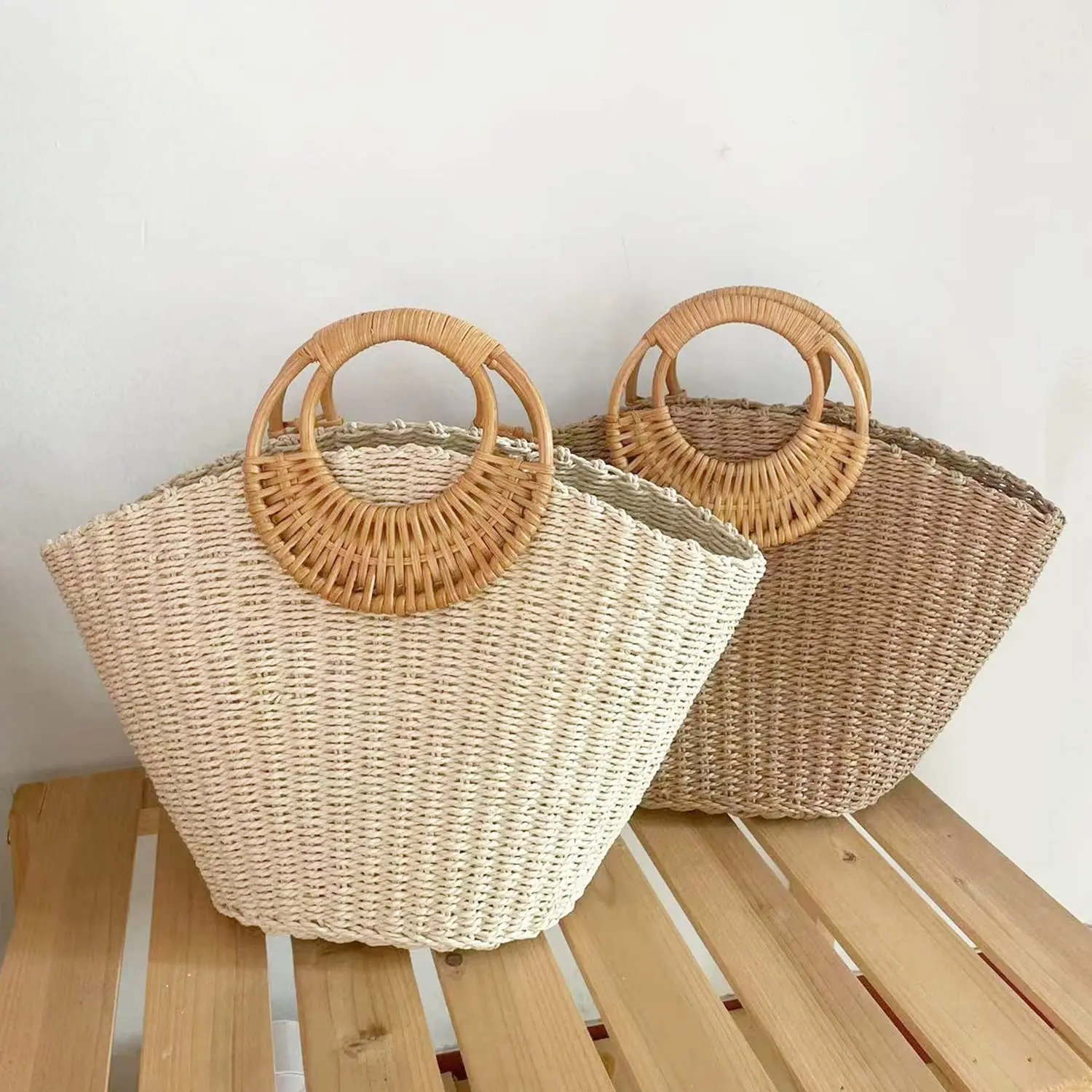 Straw Bag, Summer Beach Bag for Women, Hand-Woven Handbag, Creative Bamboo Handle, Large Woven Bag for Vacation Travel Daily