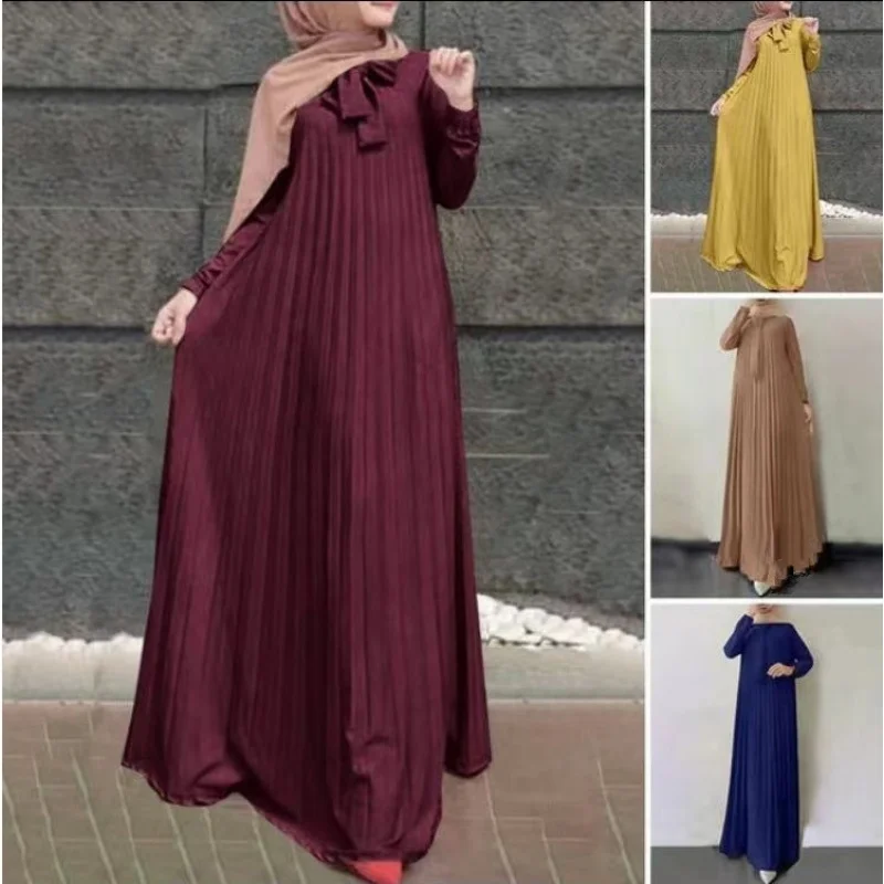 

Muslim New Style Stand Collar Ribbon Pleated Loose Long Sleeve Long Dress Women's Clothing9903