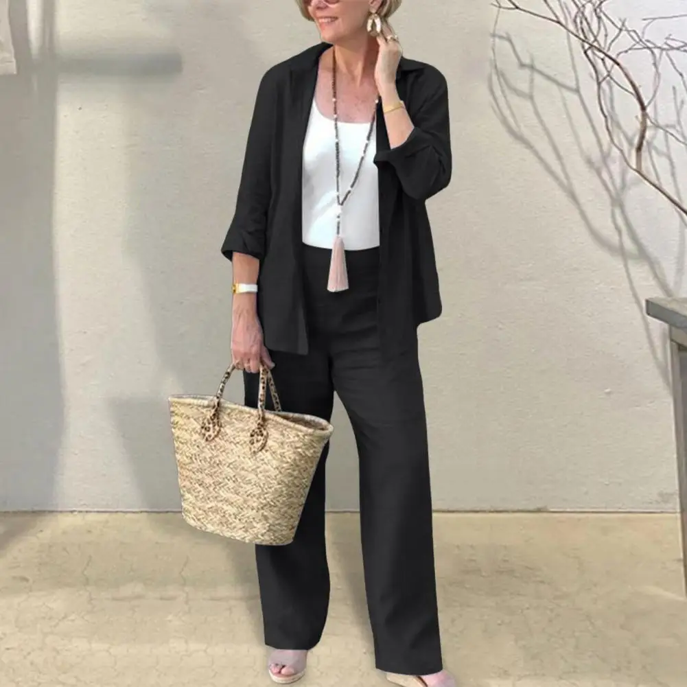 

Комплект из 2 предметов, женская рубашка и брюки, свободная однобортная блузка средней длины с лацканами и длинным рукавом, брюки с высокой талией и широкими штанинами, одежда