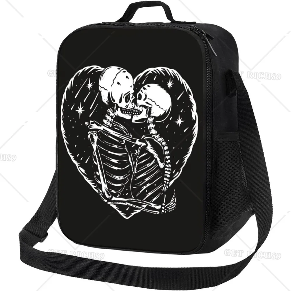 Skull Skeleton Love Kissing Black Lunch Bags for Women Men Insulated Reusable Lunch Box Cooler Bag for Work Picnic Beach Fishing