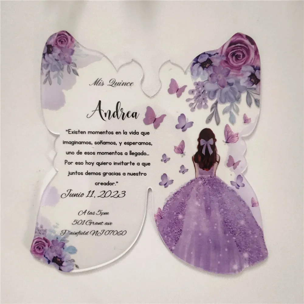 Tarjetas de invitación acrílicas personalizadas transparentes, diseño de mariposa acrílica, fiesta de quinceañera de boda, Bar Mitzvah, 15 años, 10 piezas