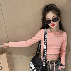 Fashionable Children's Girls Sweatshirt Thin Cotton Slim Waist Cross strap Short T-Shirt 4 to 12 years All-match Long Sleeve Tee