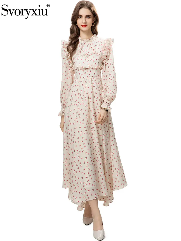 

Svoryxiu Fashion Designer Autumn Vintage Floral Print Long Dress Women's Flounces Collar Flounces Sleeve High Waist A-Line Dress