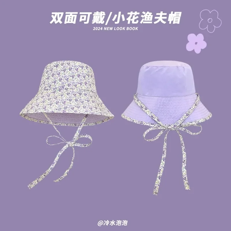 French Sweet Floral Double-sided Bucket Hats for Women Spring and Summer Big Brim Outdoor Sun Protection Cute Lace-up Sun Caps